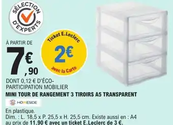 E.Leclerc Mini Tour De Rangement 3 Tiroirs A5 Transparent offre