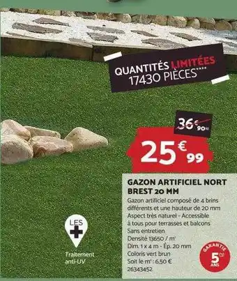 Bricomarché Gazon artificiel nort brest 20 mm offre