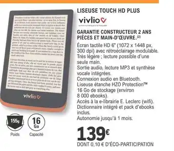 E.Leclerc Liseuse touch hd plus vivlio offre