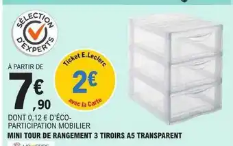 E.Leclerc Mini tour de rangement 3 tiroirs a5 transparent offre