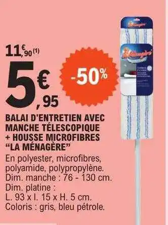 E.Leclerc Balai d'entretien avec manche télescopique + housse microfibres offre