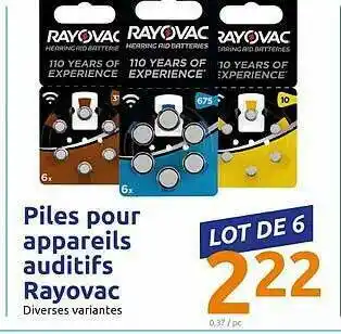 Action Piles Pour Appareil Auditifs Rayovac offre