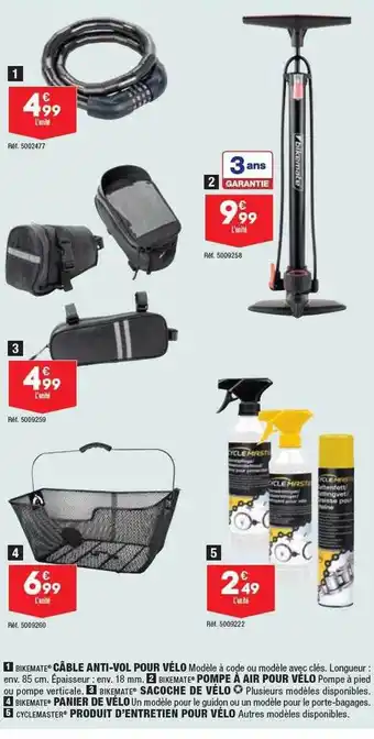 ALDI Câble anti-vol pour vélo bikemate, pompe à air pour vélo bikemate, sacoche de vélo bikemate, panier de vélo bikemate, produit offre