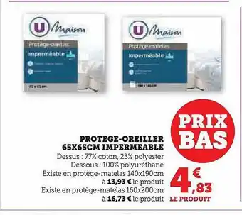 Hyper U Protège-oreiller 65 x 65 cm imperméable u maison offre