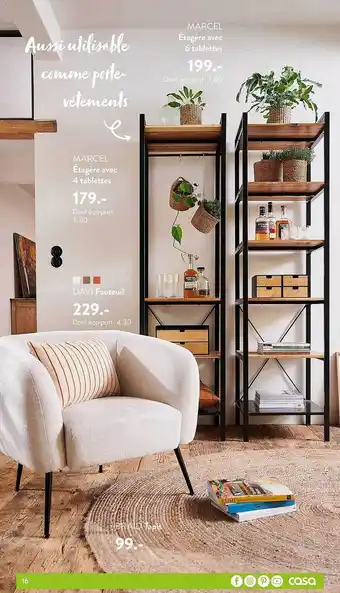 Casa Étagère avec 6 tablettes marcel, étagère avec 4 tablettes marcel, fauteuil davi, tapis braid offre