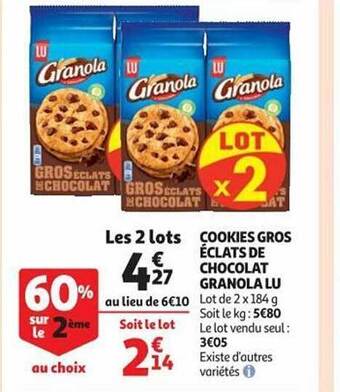Auchan Cookies gros éclats de chocolat granola lu offre