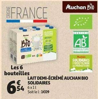 Auchan Lait demi-écrémé auchan bio solidaires offre