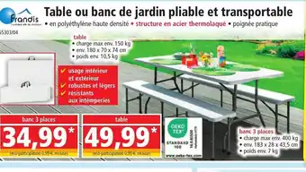 Norma Table ou banc de jardin pliable et transportable offre