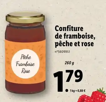 Lidl Confiture de framboise, pêche et rose offre