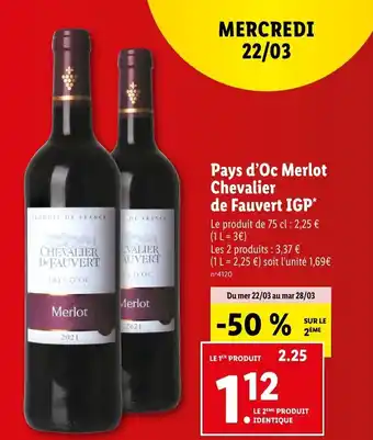 Lidl Pays d'Oc Merlot Chevalier de Fauvert IGP offre