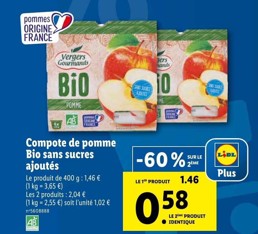 Promo Compote de Pomme Bio Sans Sucres Ajoutés chez Lidl