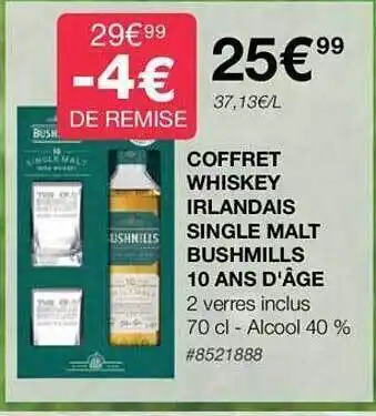 Costco Coffret whiskey irlandais single malt bushmills 10 ans d'âge offre