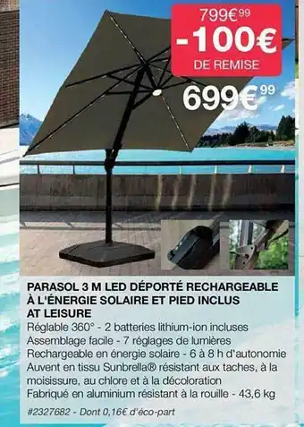 Costco Parasol 3 m led déporté rechargeable à l'énergie solaire et pied inclus at leisure offre