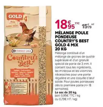Kiriel Mélange poule pondeuse country's best gold 4 mix 20 kg offre