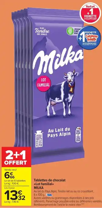 Carrefour Market Tablettes de chocolat lot familial MILKA offre