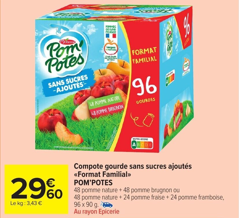 Promo Compote gourde sans sucres ajoutés format familial POM'POTES chez