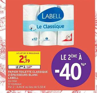 Intermarché Hyper Papier toilette classique 2 épaisseurs blanc labell offre