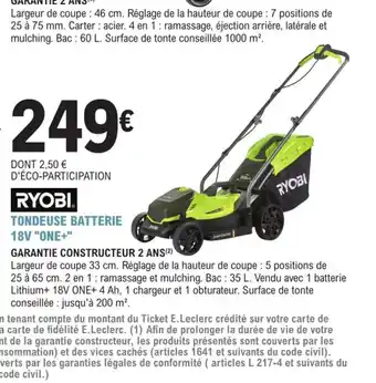 E.Leclerc Jardi Ryobi tondeuse batterie 18v one+ offre