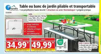 Norma Table ou banc de jardin pliable et transportable frandis offre
