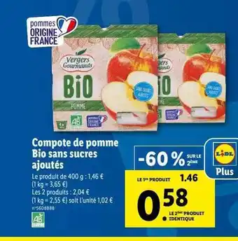 Lidl Compote de pomme bio sans sucres ajoutés offre