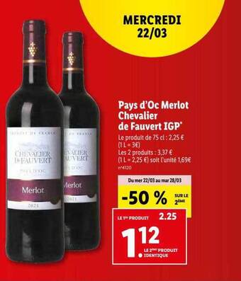 Lidl Pays d'oc merlot chevalier de fauvert igp offre