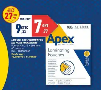 Bureau Vallée Lot de 100 pochettes de plastification offre