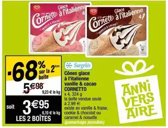 Cora x Carrefour Cônes glace à l'italienne vanille & cacao cornetto offre