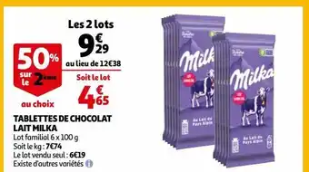 Auchan Tablettes de chocolat lait milka offre