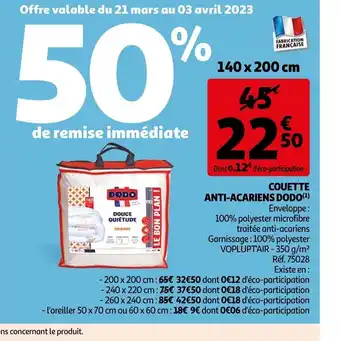 Auchan Couette anti-Acariens dodo offre