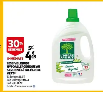Auchan Lessive liquide hypoallergenique au savon vegetal l'arbre vert offre