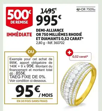 Demi-alliance or 750 miillièmes rhodie et diamant