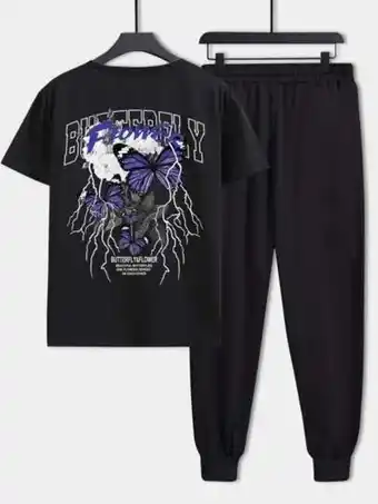 SheIn Homme t-shirt à imprimé lettre et papillon & pantalon de survêtement à cordon offre