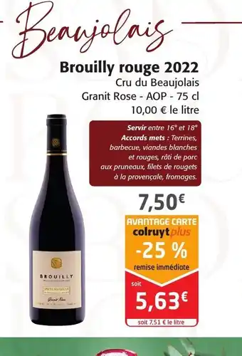 Colruyt Brouilly rouge 2022 offre