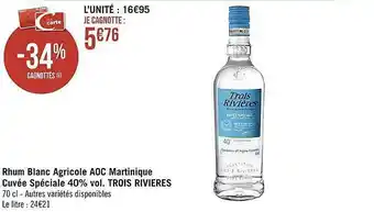 Casino Supermarchés Rhum blanc agricole aoc martinique cuvée spéciale 40% vol. trois rivières offre
