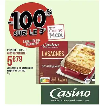Casino Supermarchés Lasagnes à la bolognaise surgelées casino offre