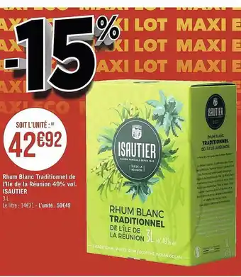 Casino Supermarchés Rhum blanc traditionnel de l'île de la réunion 49% vol. isautier offre