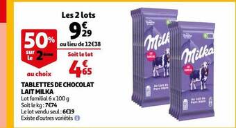 Auchan Tablettes de chocolat lait milka offre