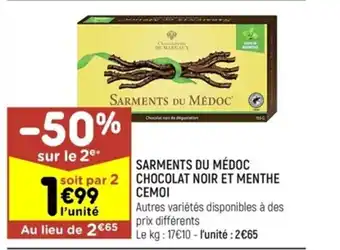 Leader Price Sarments Du Médoc Chocolat Noir Et Menthe Cemoi offre