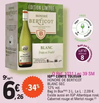 E.Leclerc IGP Comte Tolosan Honoré De Bericot Blanc Sec offre