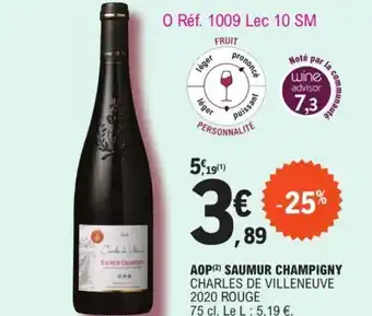 E.Leclerc AOP Saumur Champigny Charles De Villeneuve 2020 Rouge offre