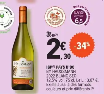 E.Leclerc IGP Pays D'oc By Haussmann 2022 Blanc Sec offre