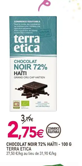 naturéO Chocolat noir 72% haiti 100g terra etica offre