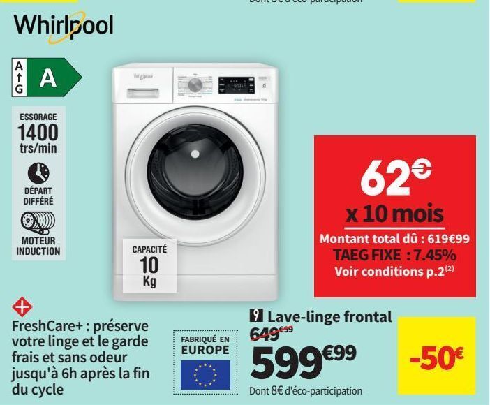 Promo Lavelinge whirlpool chez Conforama