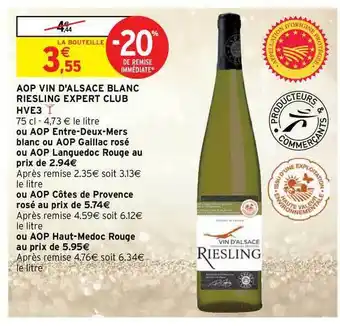 Intermarché Hyper Aop Vin D'alsace Blanc Riesling Expert Club Hve3 offre