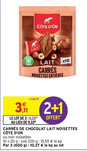 Intermarché Hyper Carrés De chocolat Lait Noisettes Côte D'Or offre