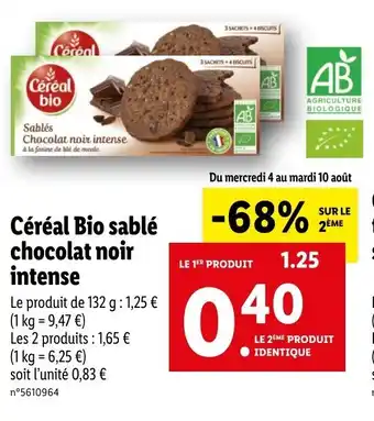 Lidl Céréales bio sablé chocolat noir intense offre