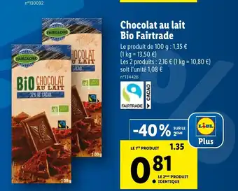Lidl Chocolat au lait bio fairtrade offre