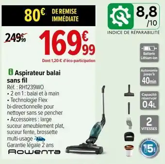 Carrefour Aspirateur balai sans fil rowenta offre