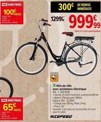 Carrefour Vélo de ville avec assistance électrique wispeed offre
