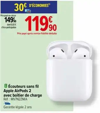 Carrefour Écouteurs sans fil apple airpods 2 avec boîtier de charge offre